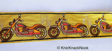 Wholesale Beige Fabric trim with Embroidered Motor Bikes - Brown, Orange, Light Gold & Pink Approx 80 mm Indian Decorative Trim Craft Ribbon